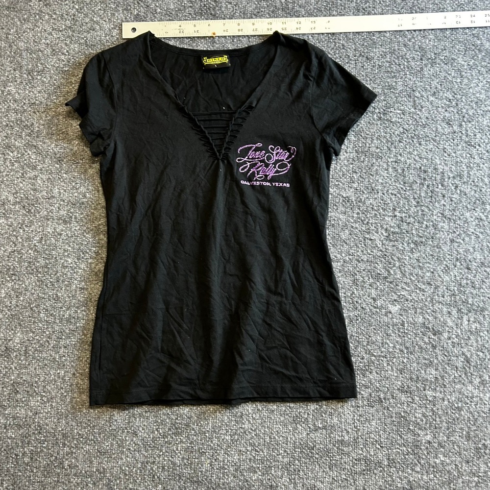 Biker Clothing Company T-Shirt Womens Size L Black Lone Star Rally VNeck Graphic
